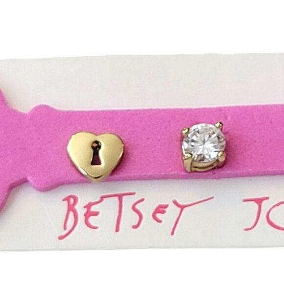 Betsy Johnson Gold Tone Heart With Keyhole & Round Crystal Stud Earrings 2 Pairs - Picture 2 of 4